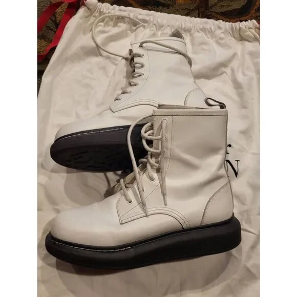 Alexander McQueen Boots Women's 10.5 White Hybrid Lace Up Combat Leather